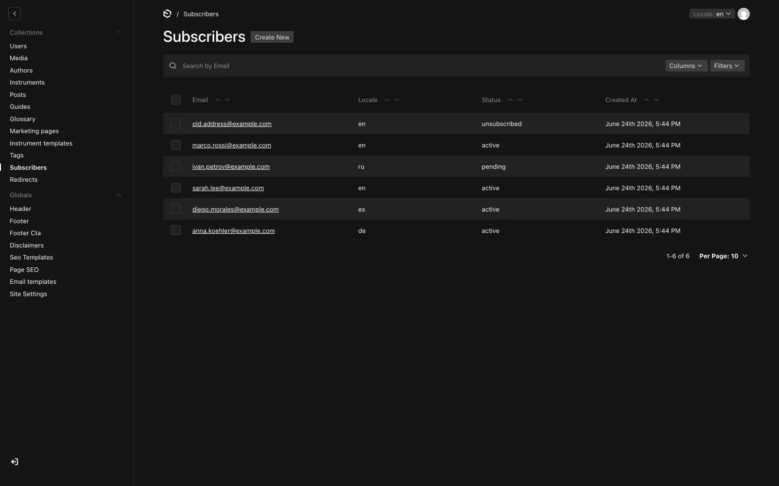 Subscriber list in the admin