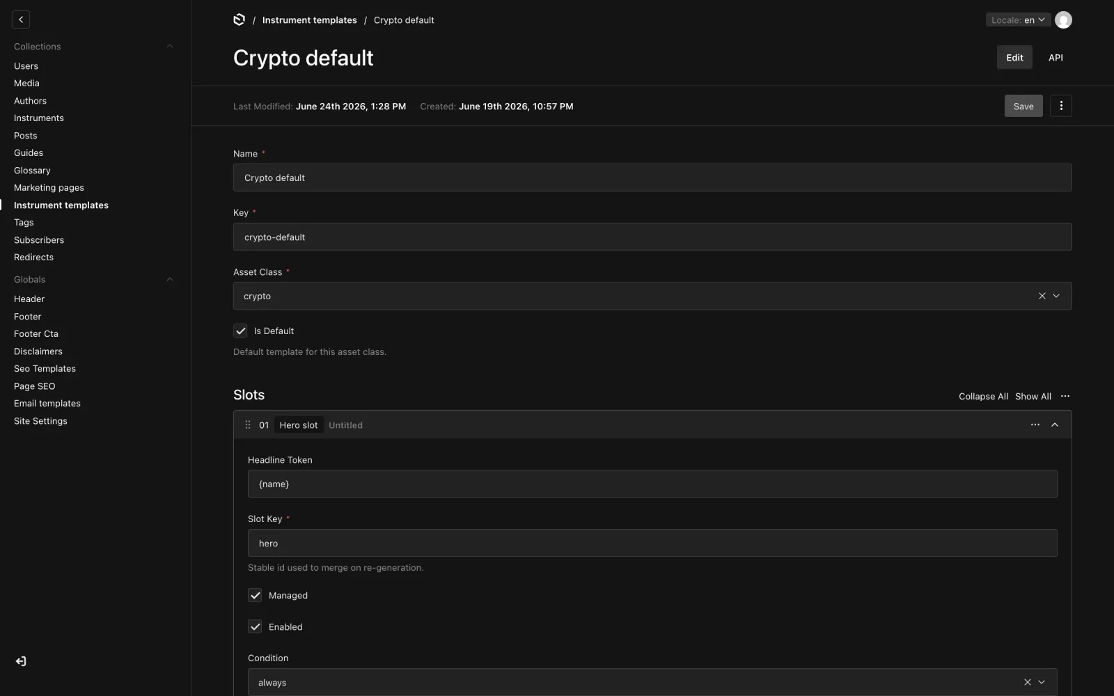 Instrument template with token slots